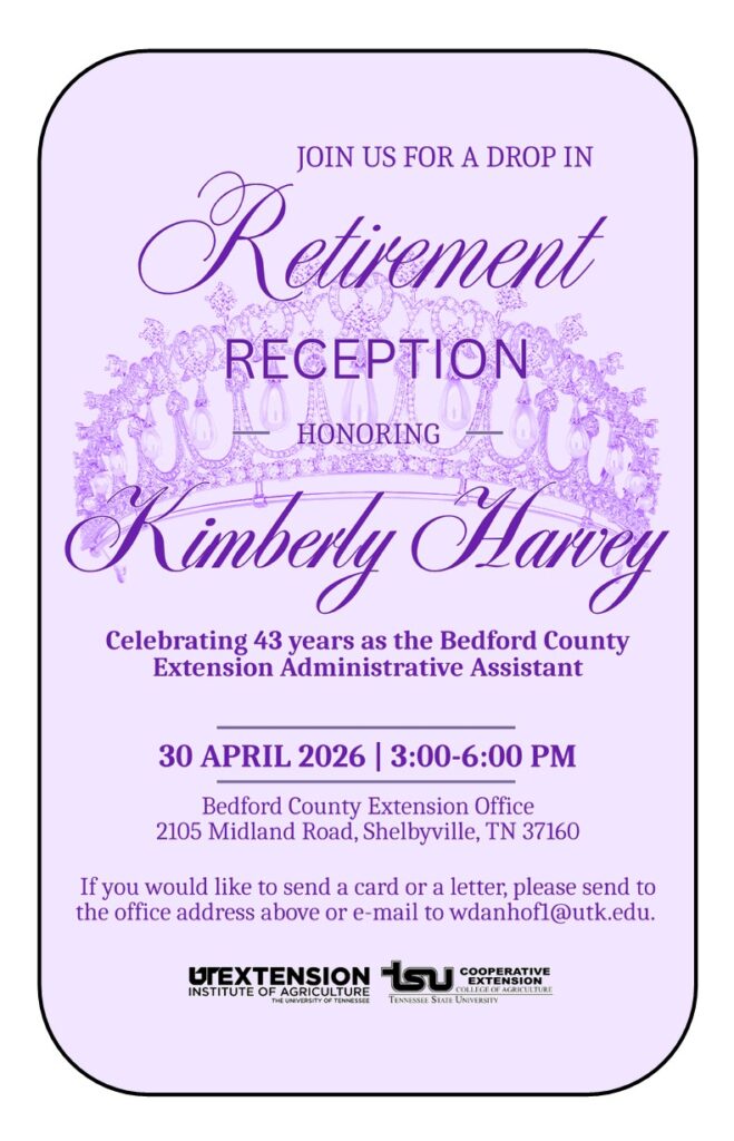 Retirement reception invitation for Kim Harvey, April 30, 2026 at 3:00-6:00 pm at the Extension Office.